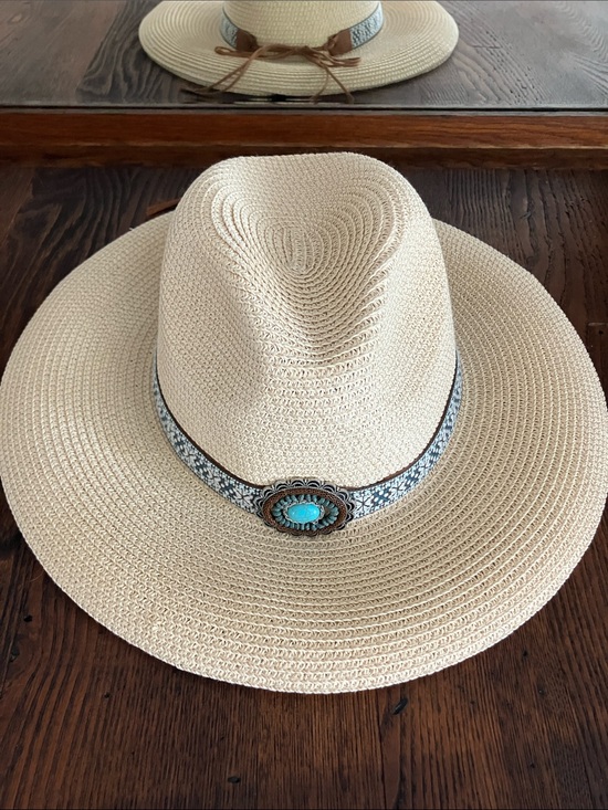 royal road trading co Accessories - Neutral Straw Sun Hat with Turquoise Concho Band coastal Cowgirl Western